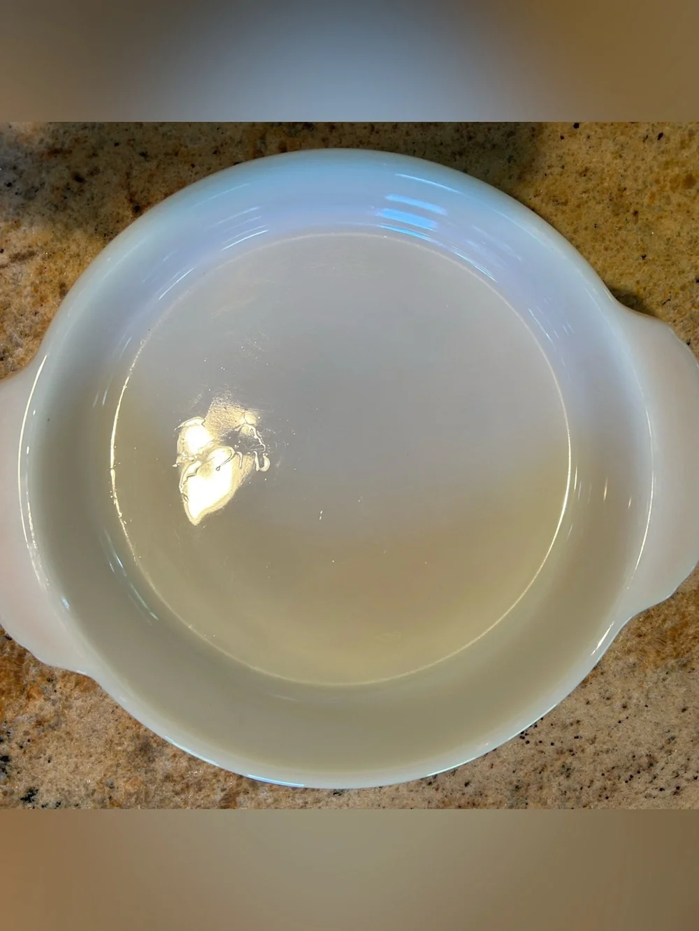 Fire King Peach Lustre Round 1Qt Opalware #447 Baking Dish w/ Handles 8.75” dia.